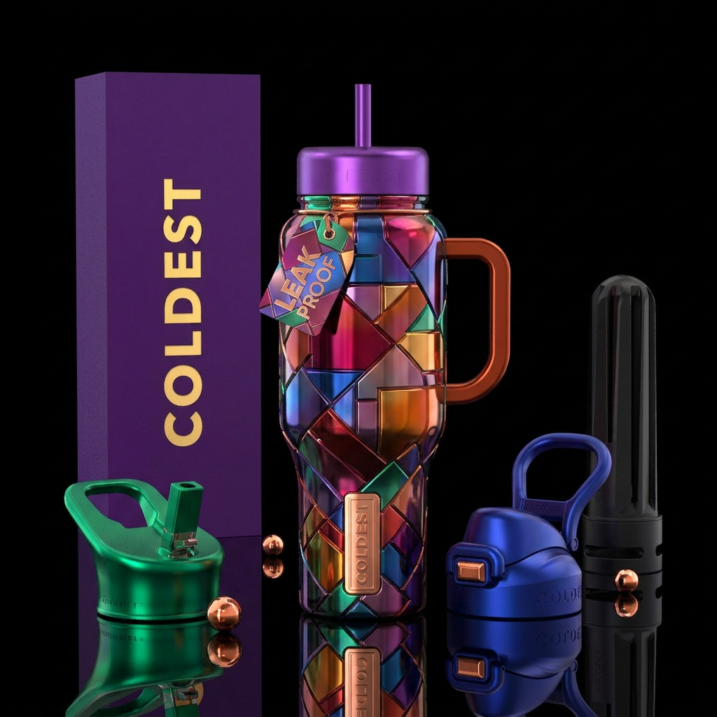 Ferrous, glossy, trompe-l'œil water bottle design