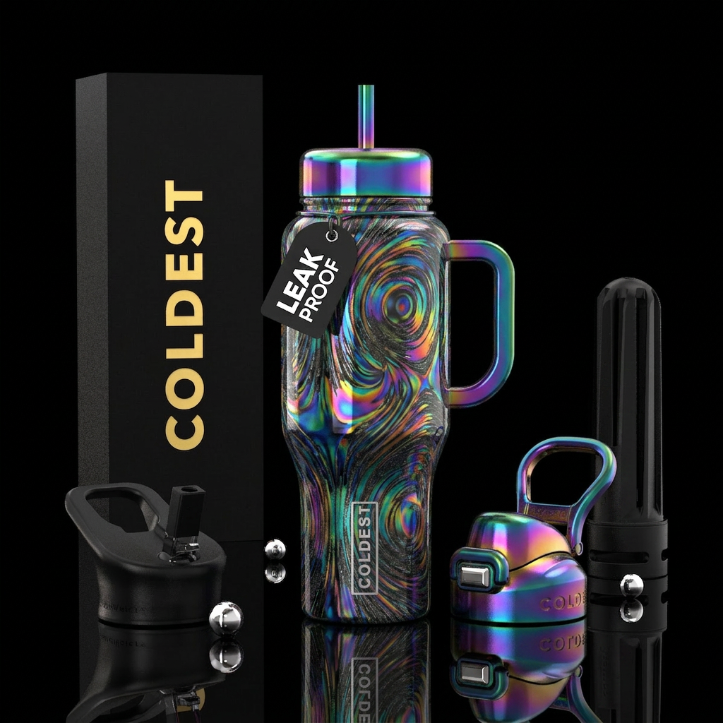 Ferrous, glossy, trompe-l'œil water bottle design