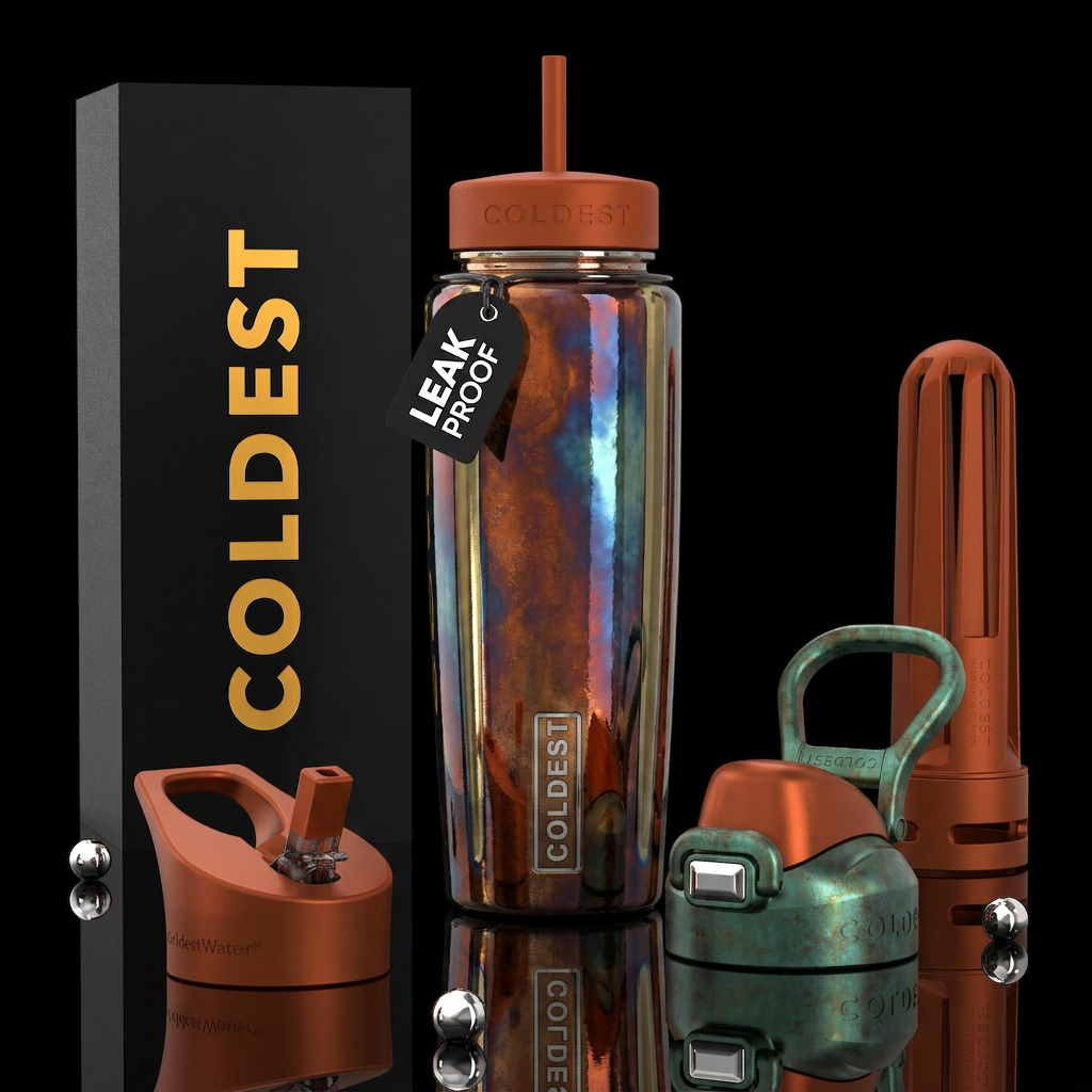 Ferrous, glossy, trompe-l'œil water bottle design