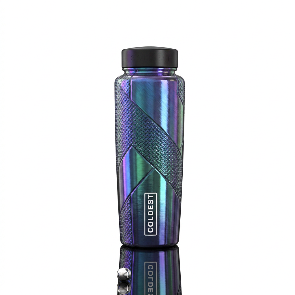 Ferrous, glossy, trompe-l'œil water bottle design