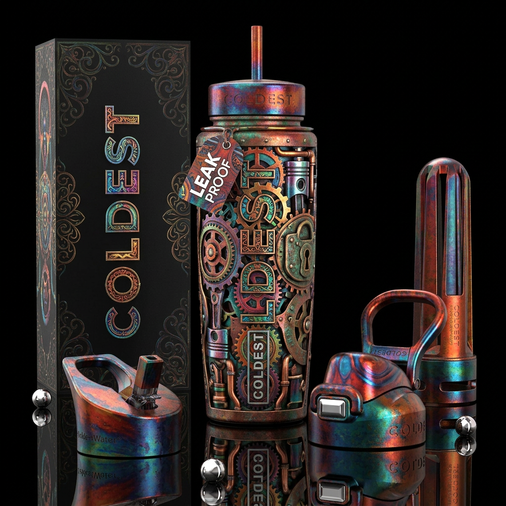 Ferrous, glossy, trompe-l'œil water bottle design