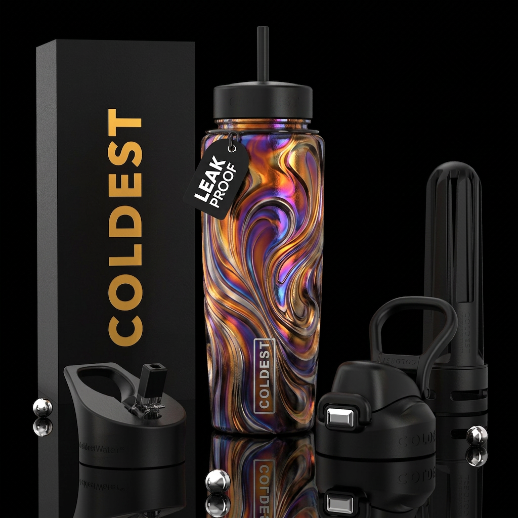 Ferrous, glossy, trompe-l'œil water bottle design