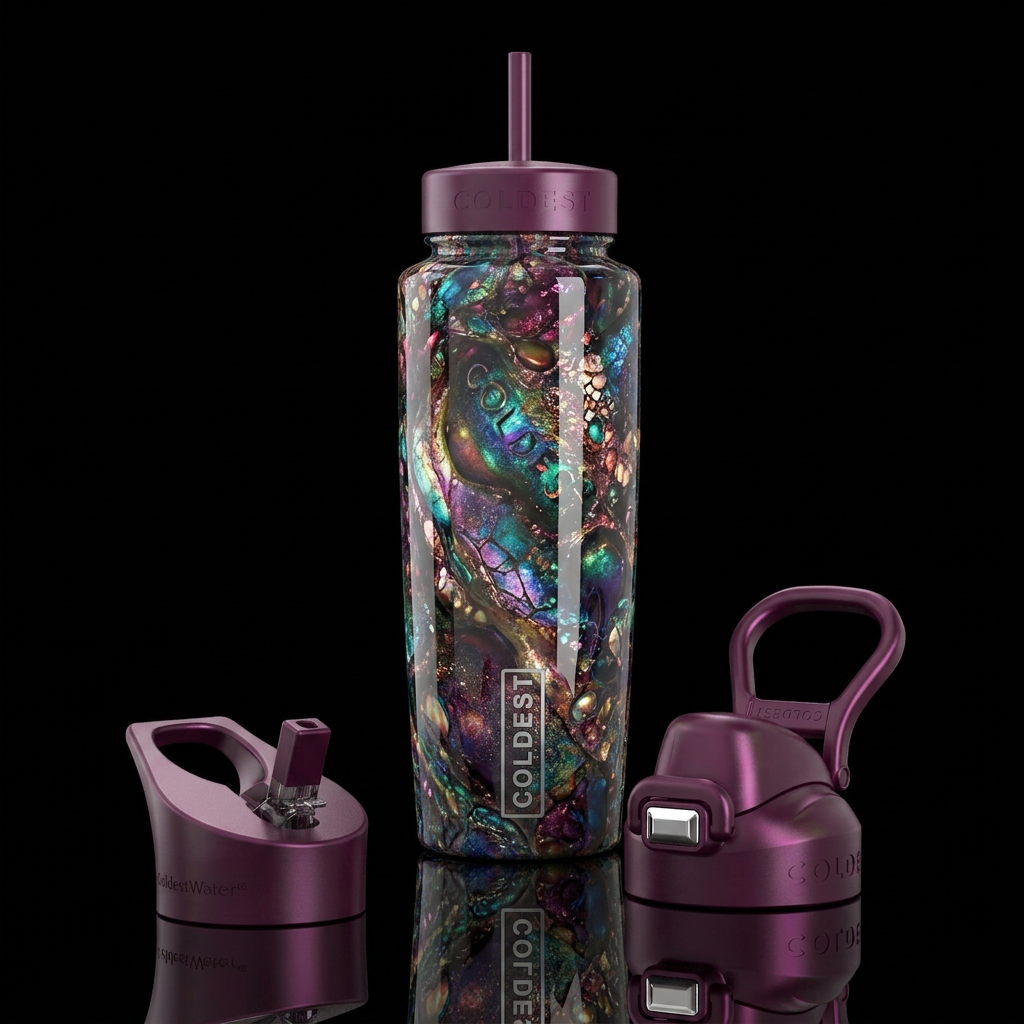 Ferous, glossy, trompe-l'œil, beautiferous water bottle design