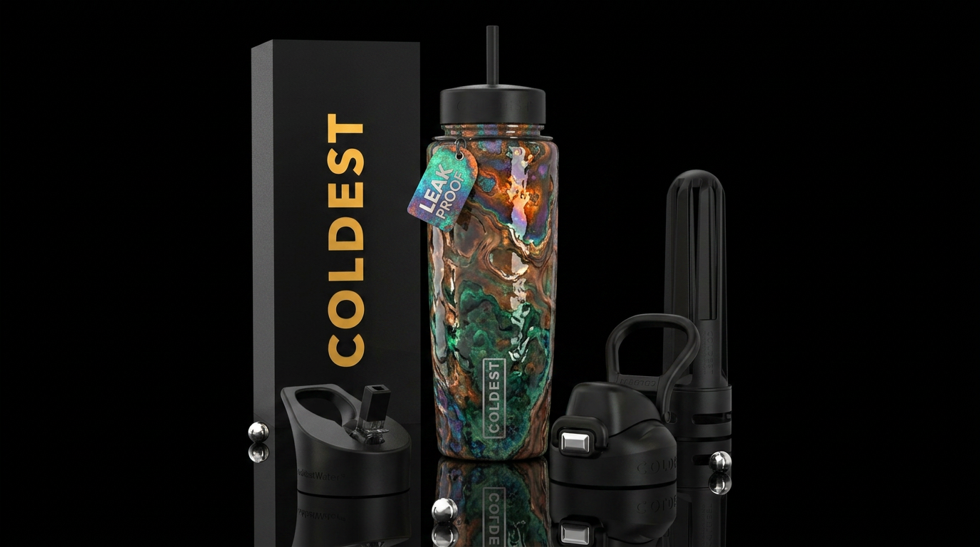 Ferous, glossy, trompe-l'œil, beautiferous water bottle design