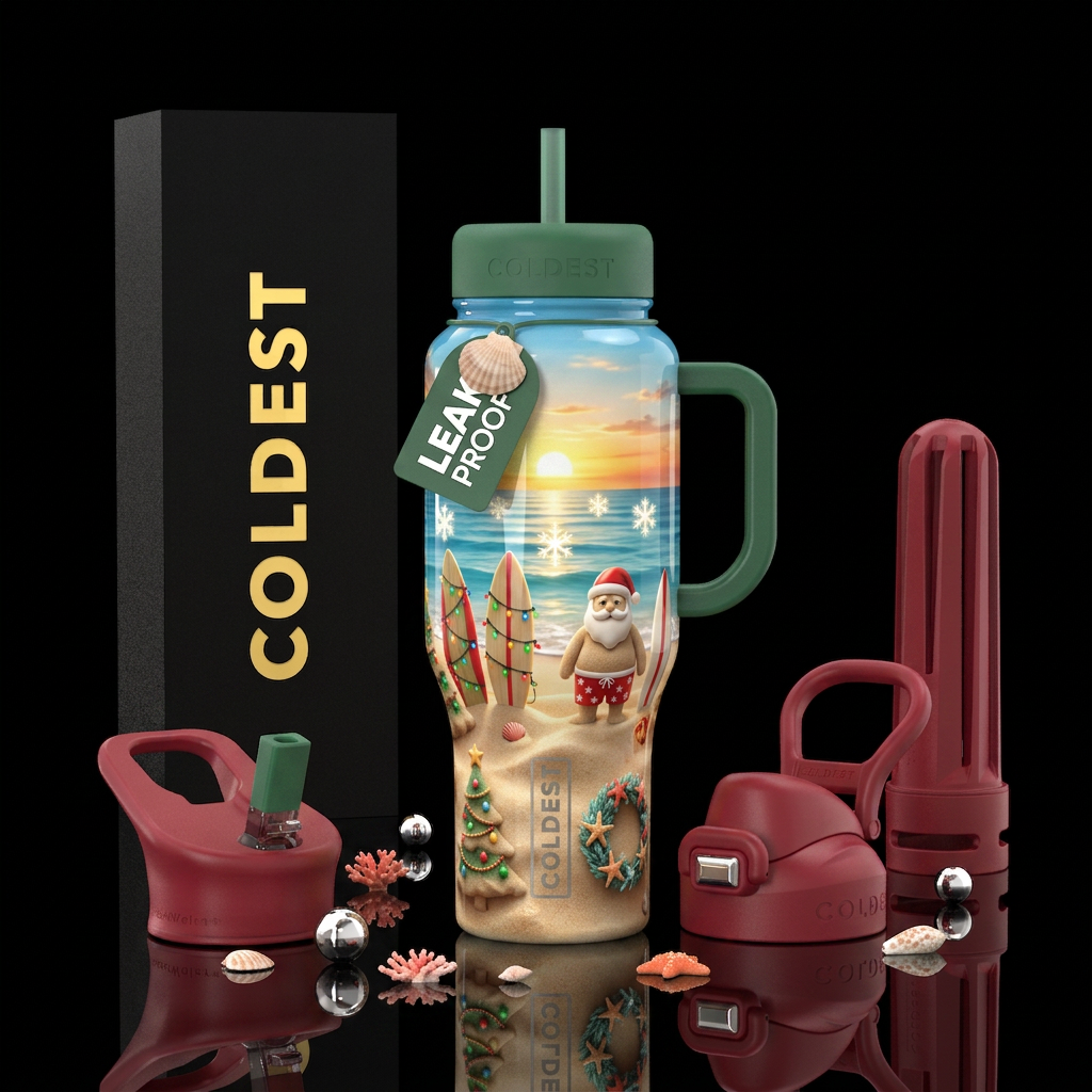 Christmas in July, glossy, trompe-l'œil water bottle design