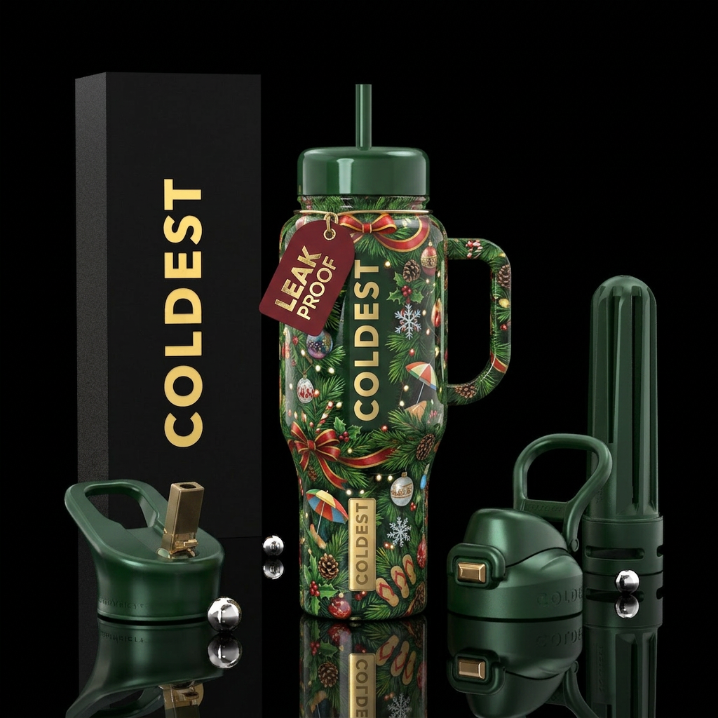 Christmas in July, glossy, trompe-l'œil water bottle design