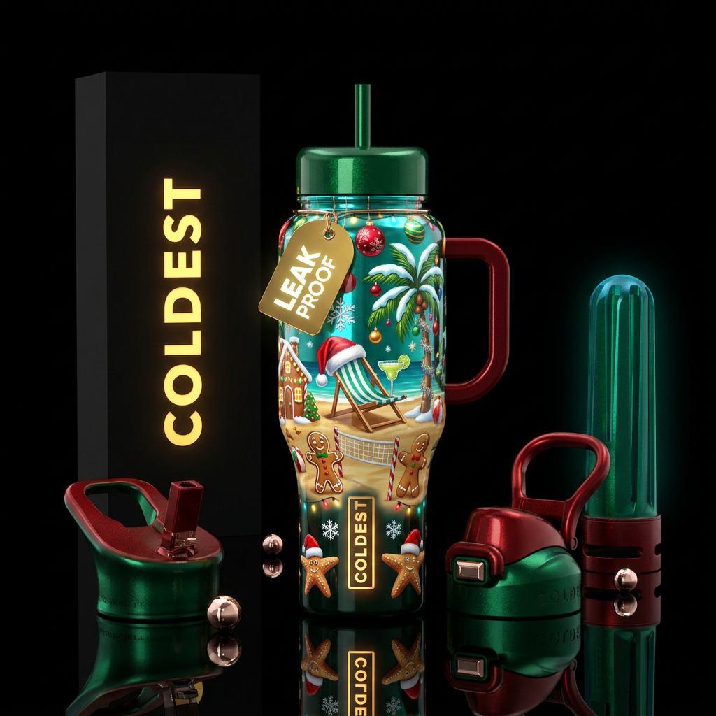 Christmas in July, glossy, trompe-l'œil, glow in t... water bottle design