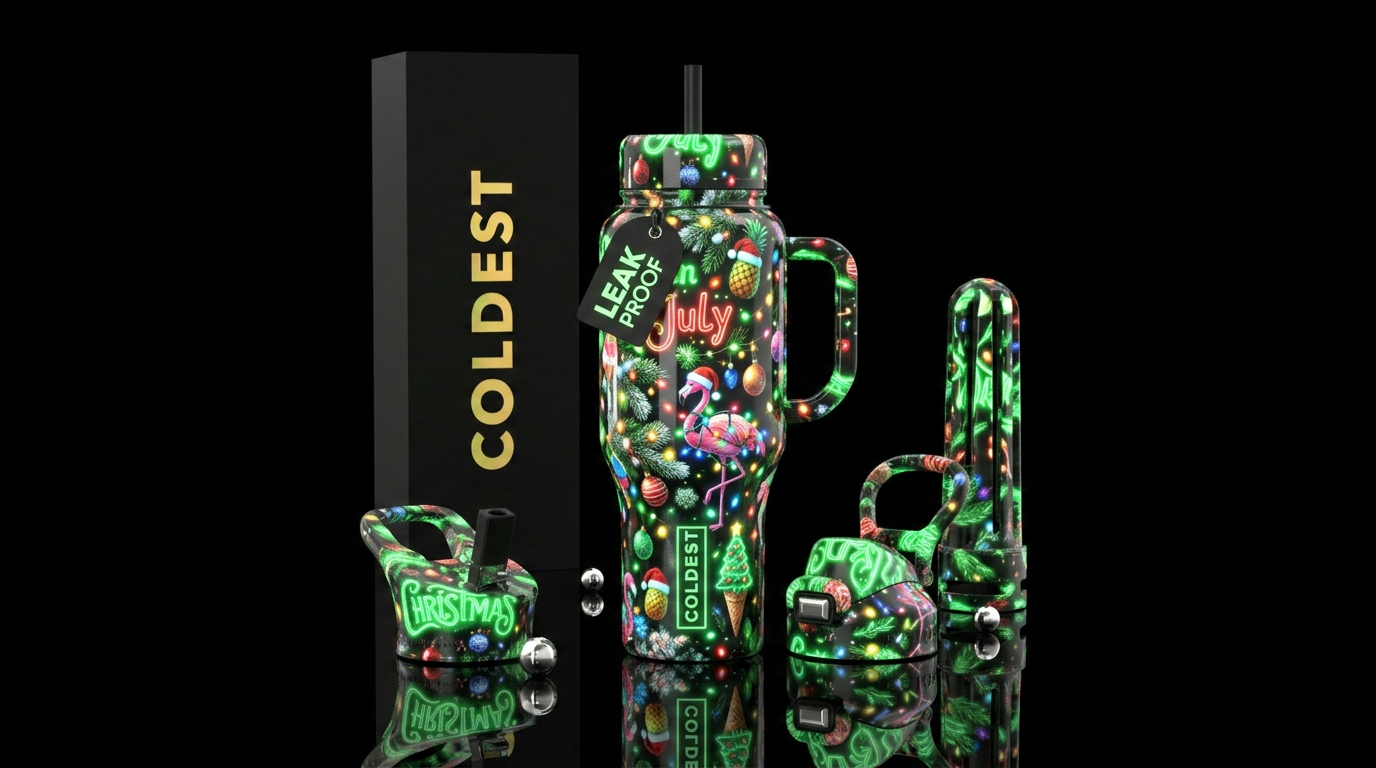 Christmas in July, glossy, trompe-l'œil, glow in t... water bottle design