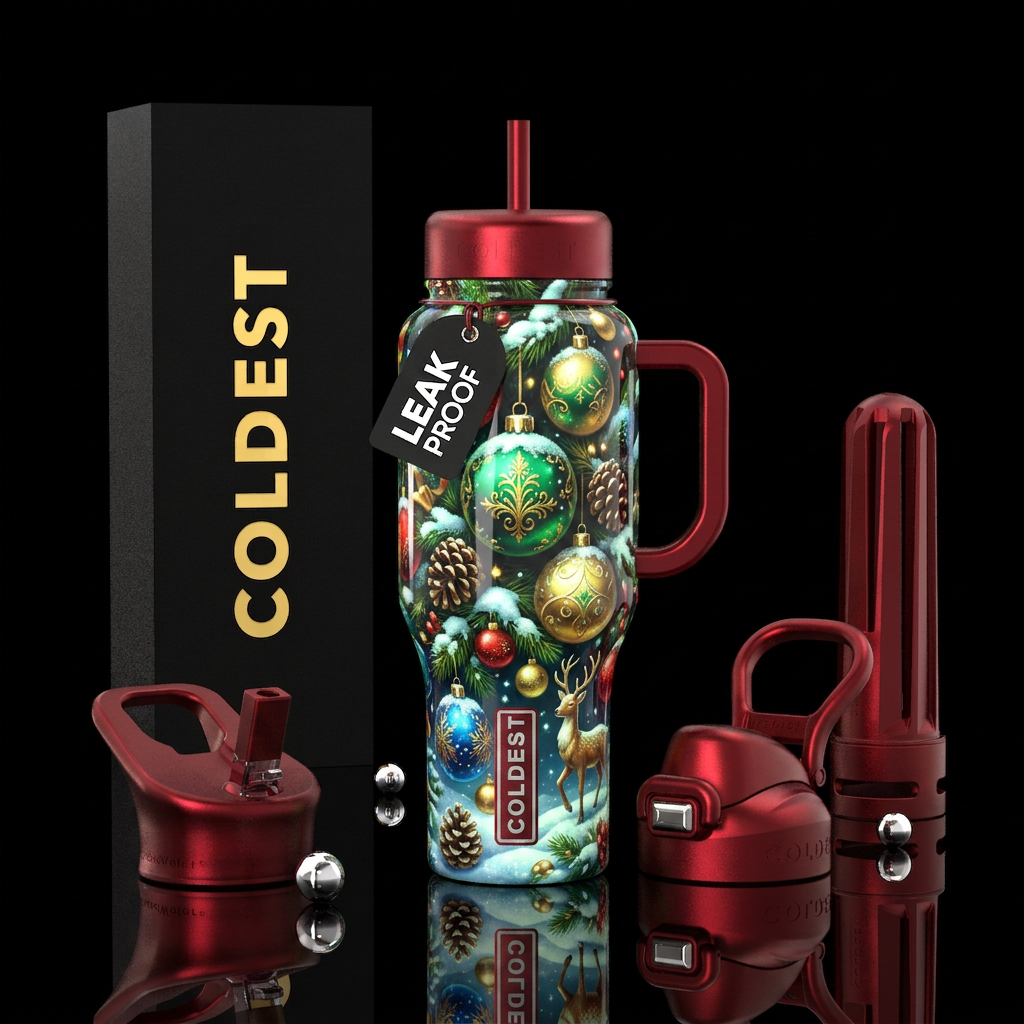 Christmas in July, glossy, trompe-l'œil, glow in t... water bottle design