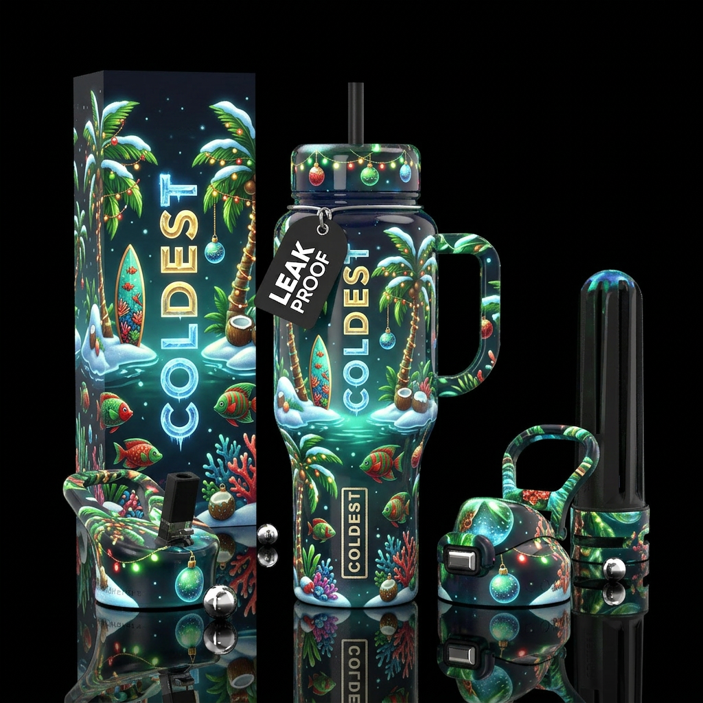 Christmas in July, glossy, trompe-l'œil, glow in t... water bottle design