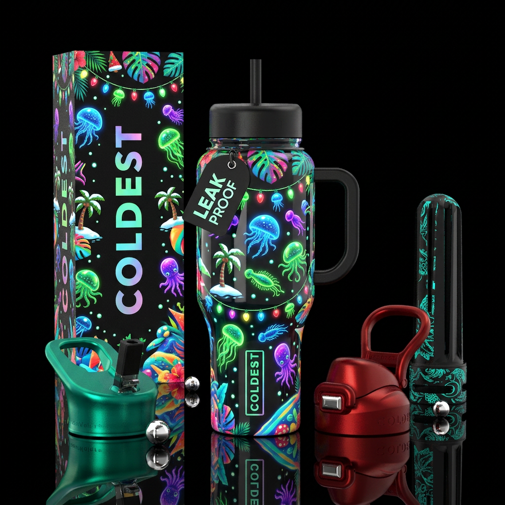 Christmas in July, glossy, trompe-l'œil, glow in t... water bottle design