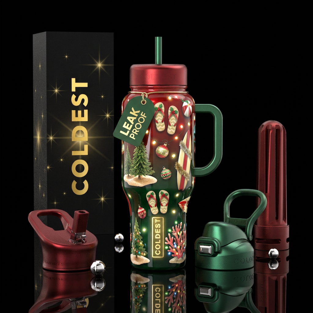 Christmas in July, glossy, trompe-l'œil, glow in t... water bottle design