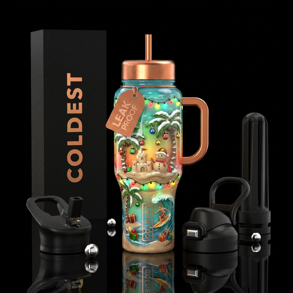 Christmas in July, glossy, trompe-l'œil, glow in t... water bottle design