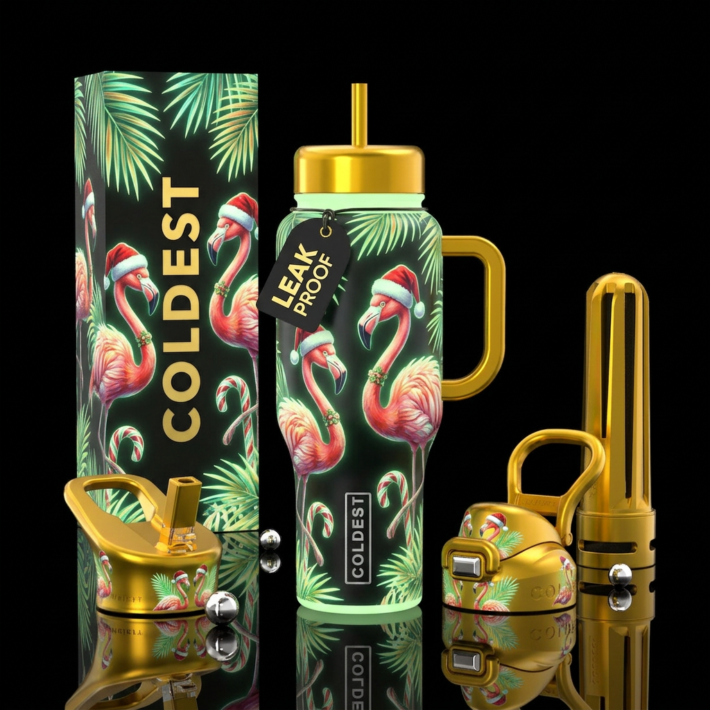Christmas in July, glossy, trompe-l'œil, glow in t... water bottle design