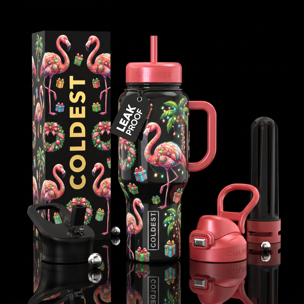 Christmas in July, glossy, trompe-l'œil, glow in t... water bottle design