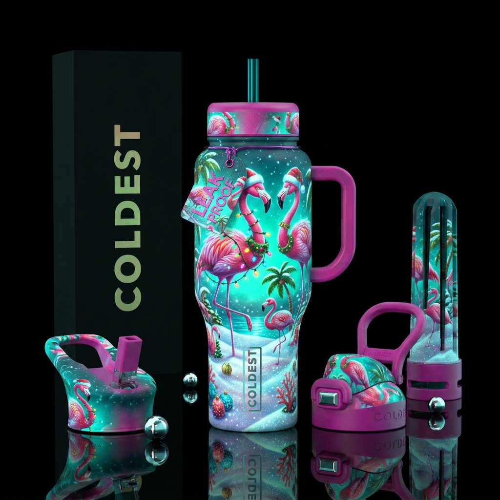 Christmas in July, glossy, trompe-l'œil, glow in t... water bottle design