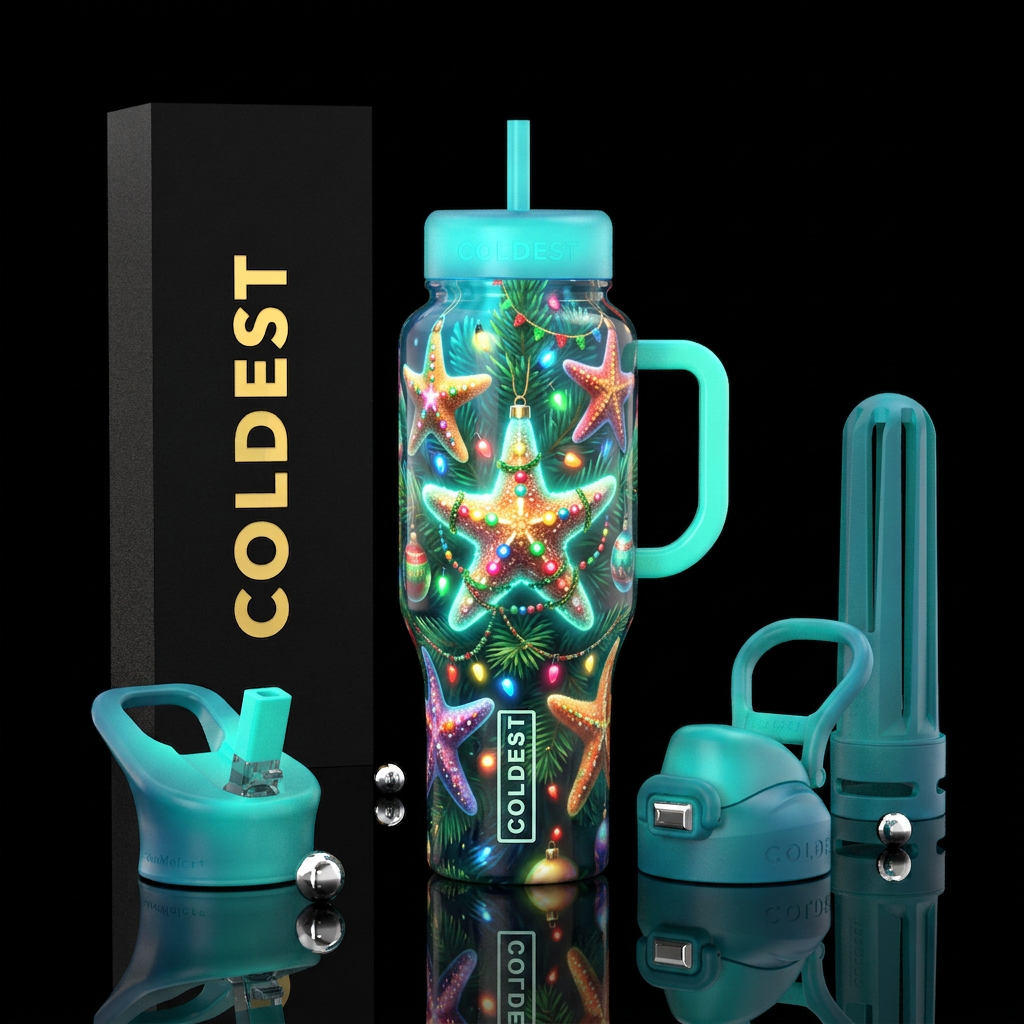 A starfish christmas, glossy, trompe-l'œil, glow i... water bottle design