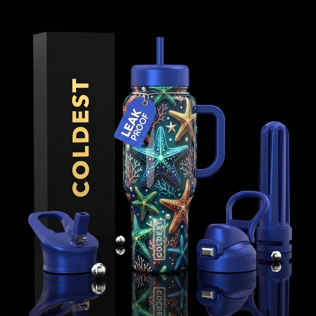 A starfish christmas, glossy, trompe-l'œil, glow i... water bottle design