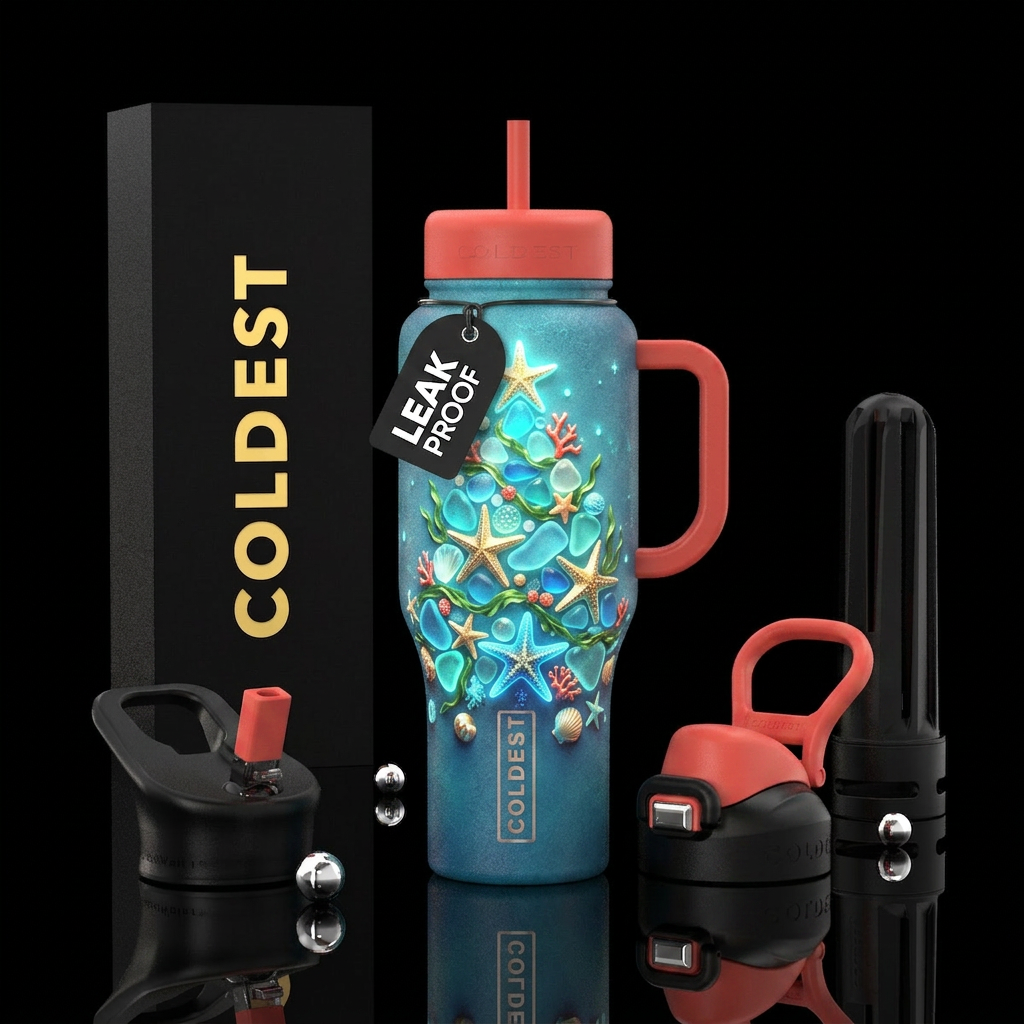 A starfish christmas, glossy, trompe-l'œil, glow i... water bottle design