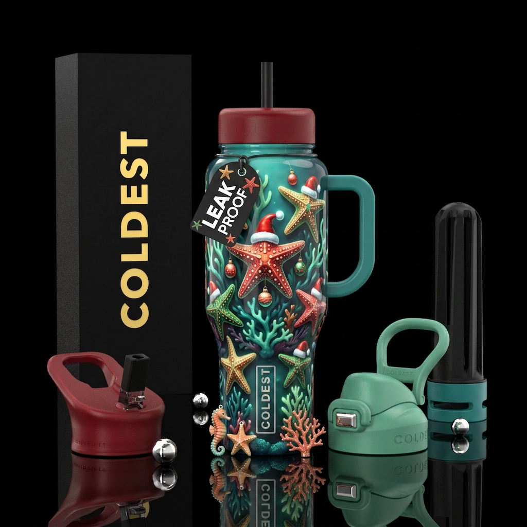 A starfish christmas, glossy, trompe-l'œil, glow i... water bottle design