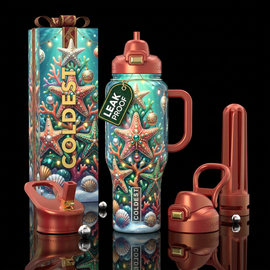 A starfish christmas, glossy, trompe-l'œil, glow i... water bottle design