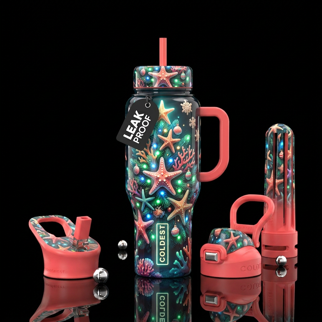 A starfish christmas, glossy, trompe-l'œil, glow i... water bottle design
