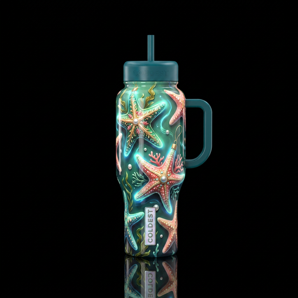A starfish christmas, glossy, trompe-l'œil, glow i... water bottle design