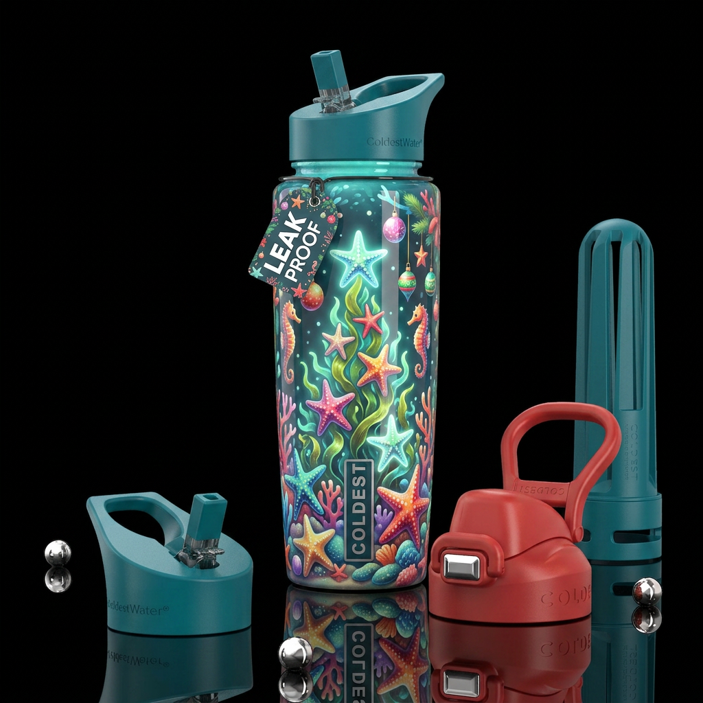 A starfish christmas, glossy, trompe-l'œil, glow i... water bottle design