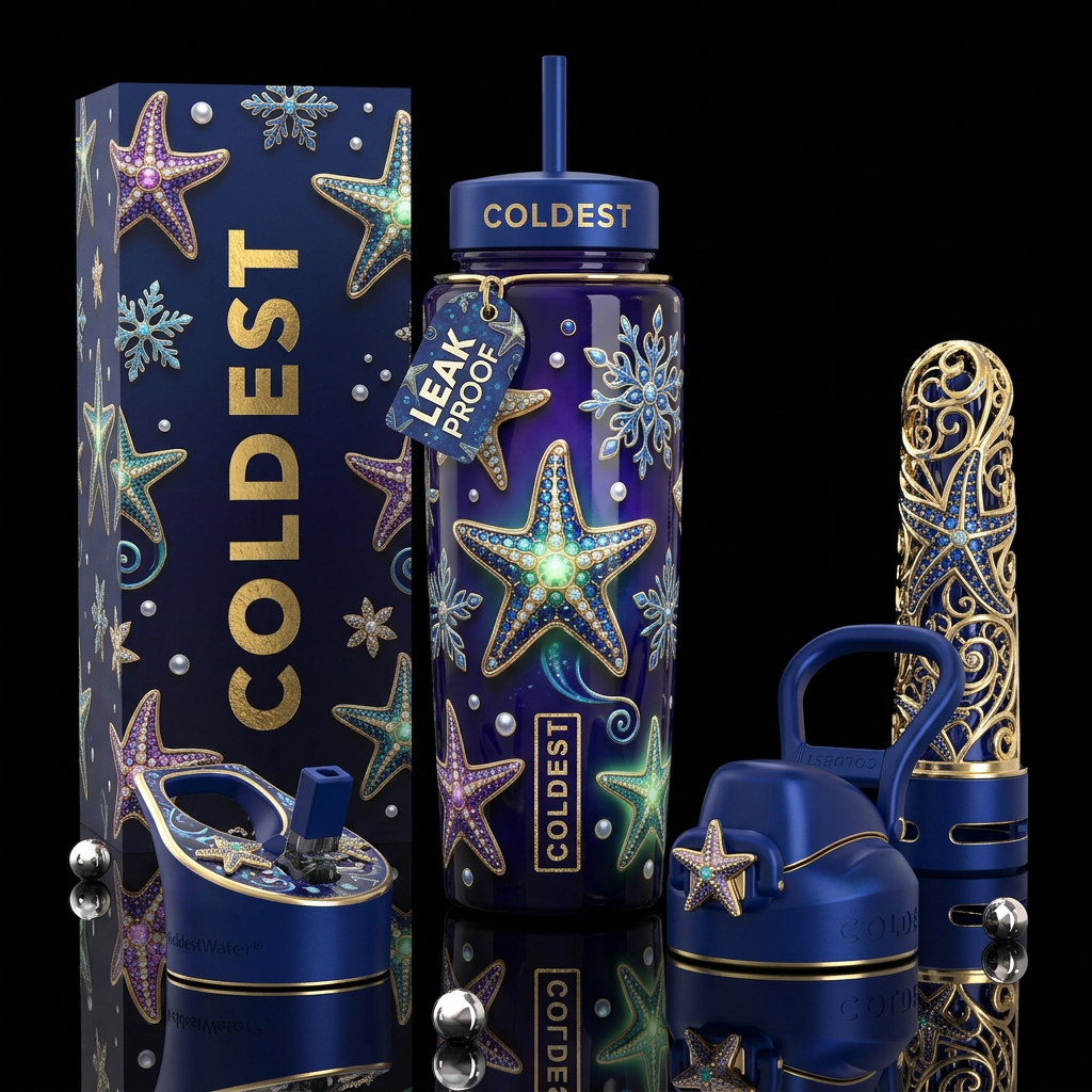 A starfish christmas, glossy, trompe-l'œil, glow i... water bottle design