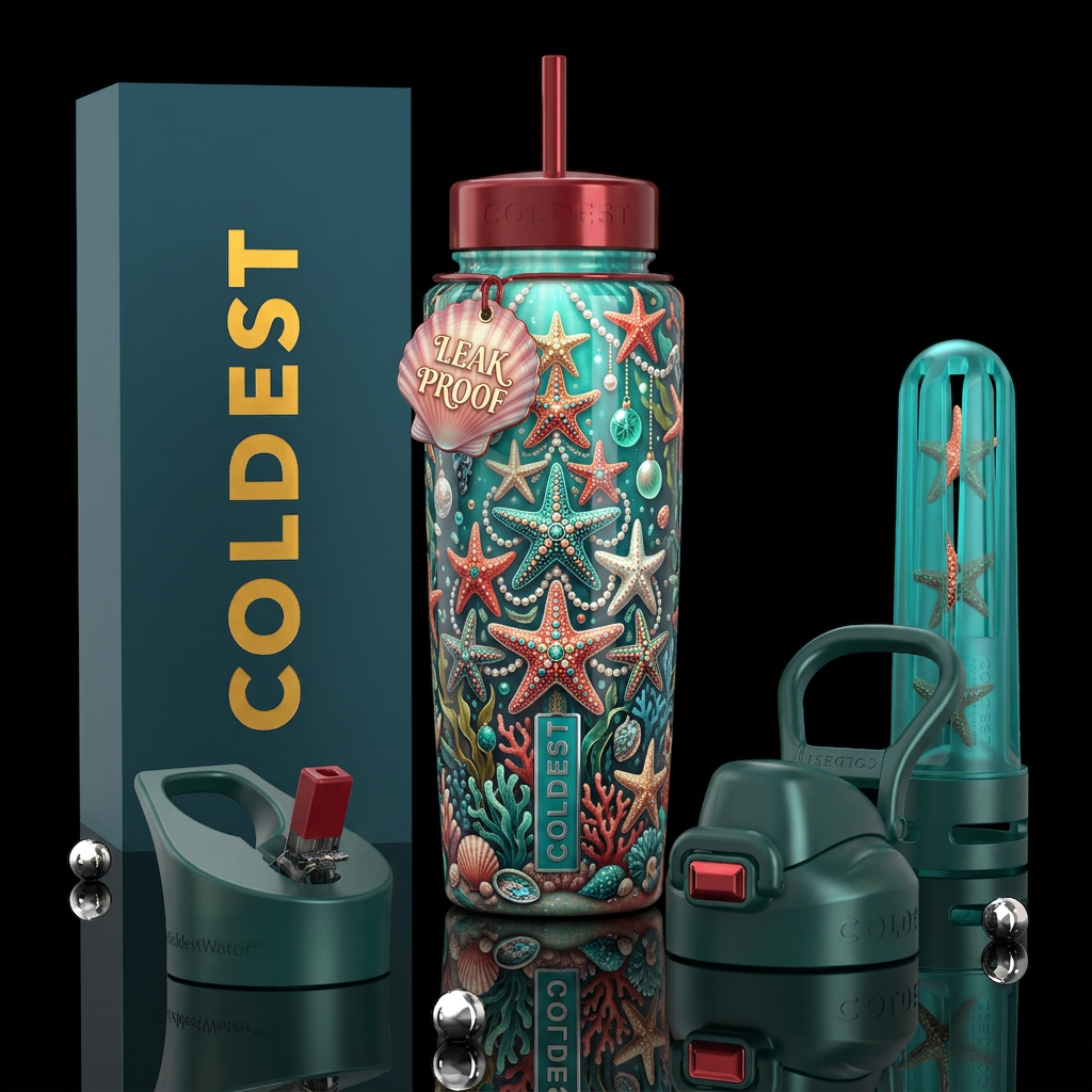 A starfish christmas, glossy, trompe-l'œil, glow i... water bottle design
