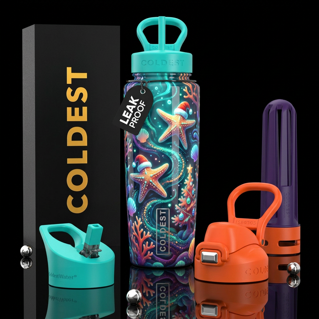 A starfish christmas, glossy, trompe-l'œil, glow i... water bottle design