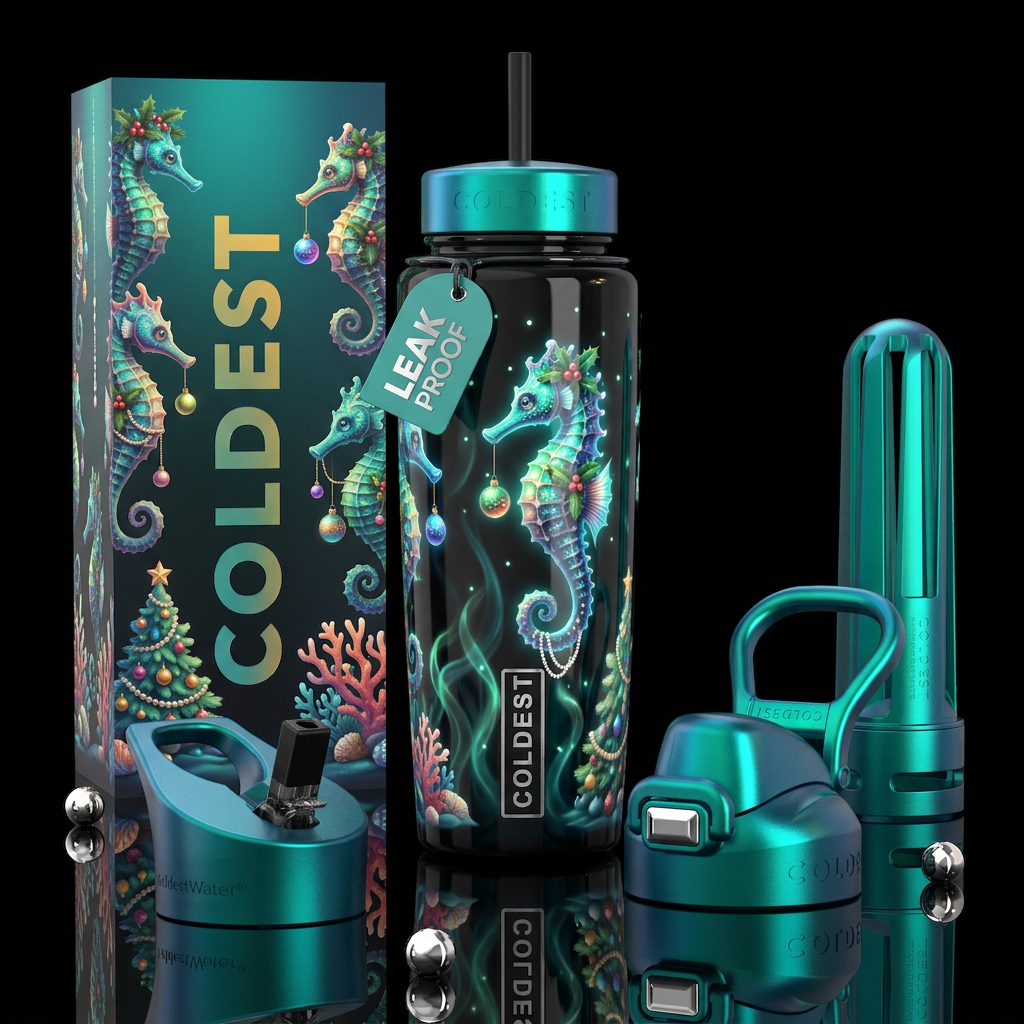 A seahorse christmas, glossy, trompe-l'œil, glow i... water bottle design