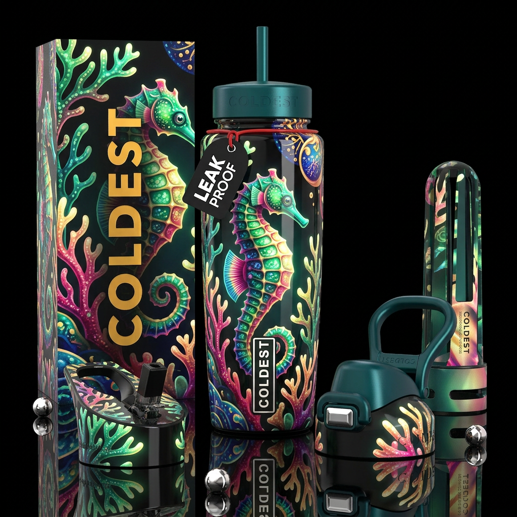 A seahorse christmas, glossy, trompe-l'œil, glow i... water bottle design