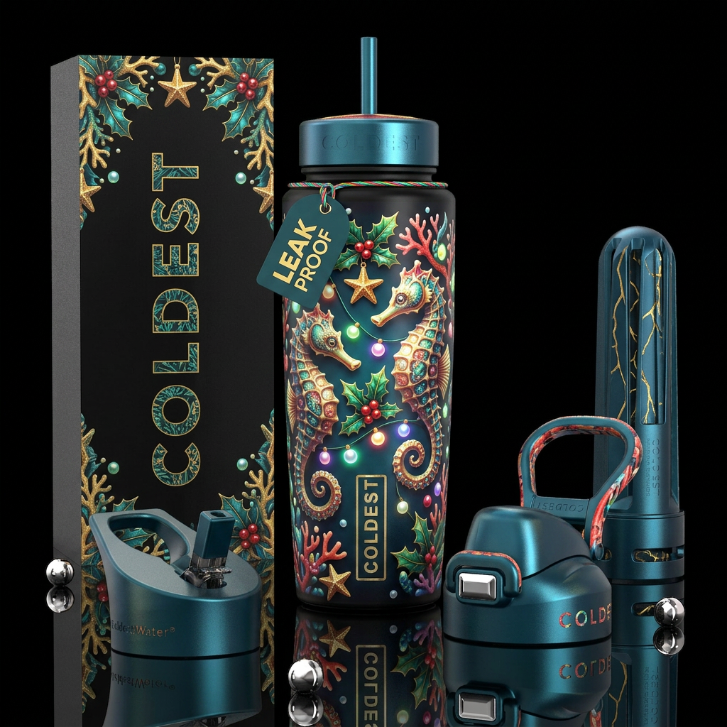 A seahorse christmas, glossy, trompe-l'œil, glow i... water bottle design