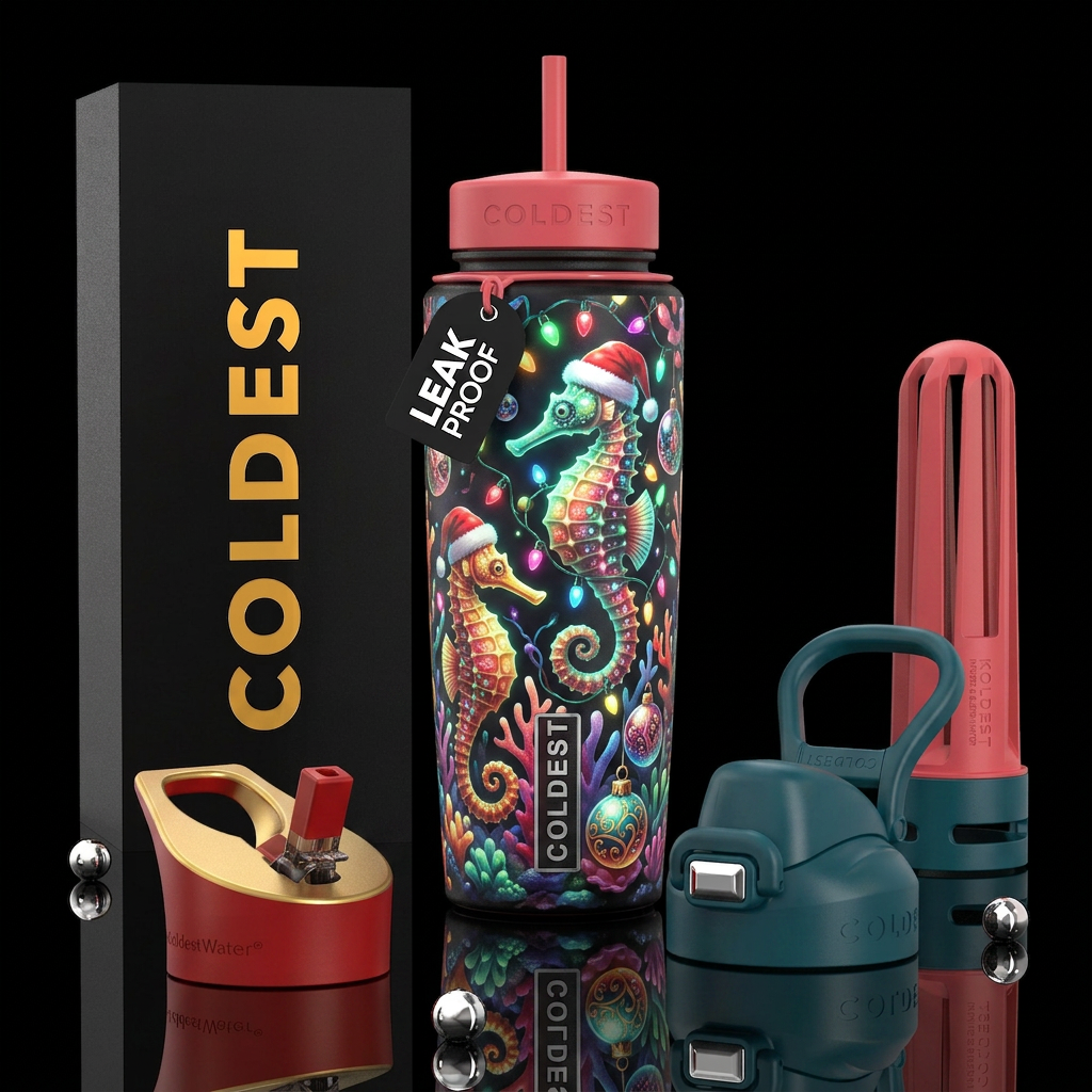 A seahorse christmas, glossy, trompe-l'œil, glow i... water bottle design