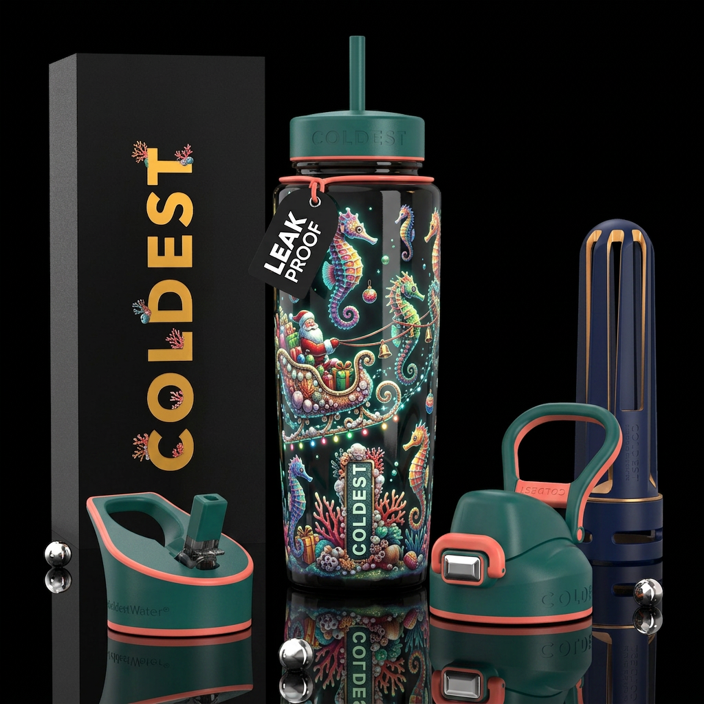 A seahorse christmas, glossy, trompe-l'œil, glow i... water bottle design