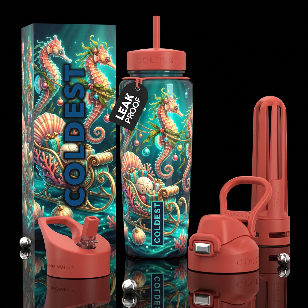 A seahorse christmas, glossy, trompe-l'œil, glow i... water bottle design