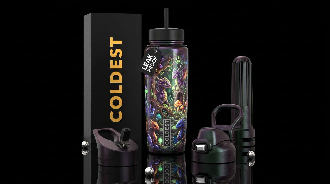 Enigmatic, glossy, trompe-l'œil,beautiferous, glow... water bottle design