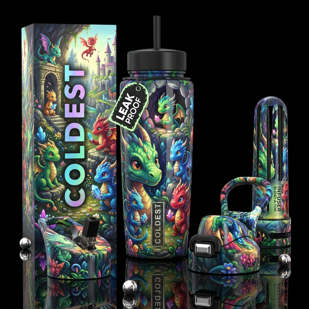 whimsical, glossy, trompe-l'œil,beautiferous, glow... water bottle design