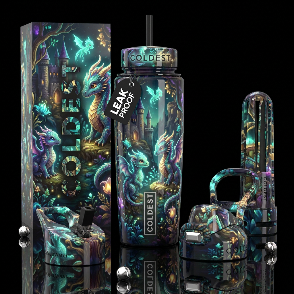 whimsical, glossy, trompe-l'œil,beautiferous, glow... water bottle design