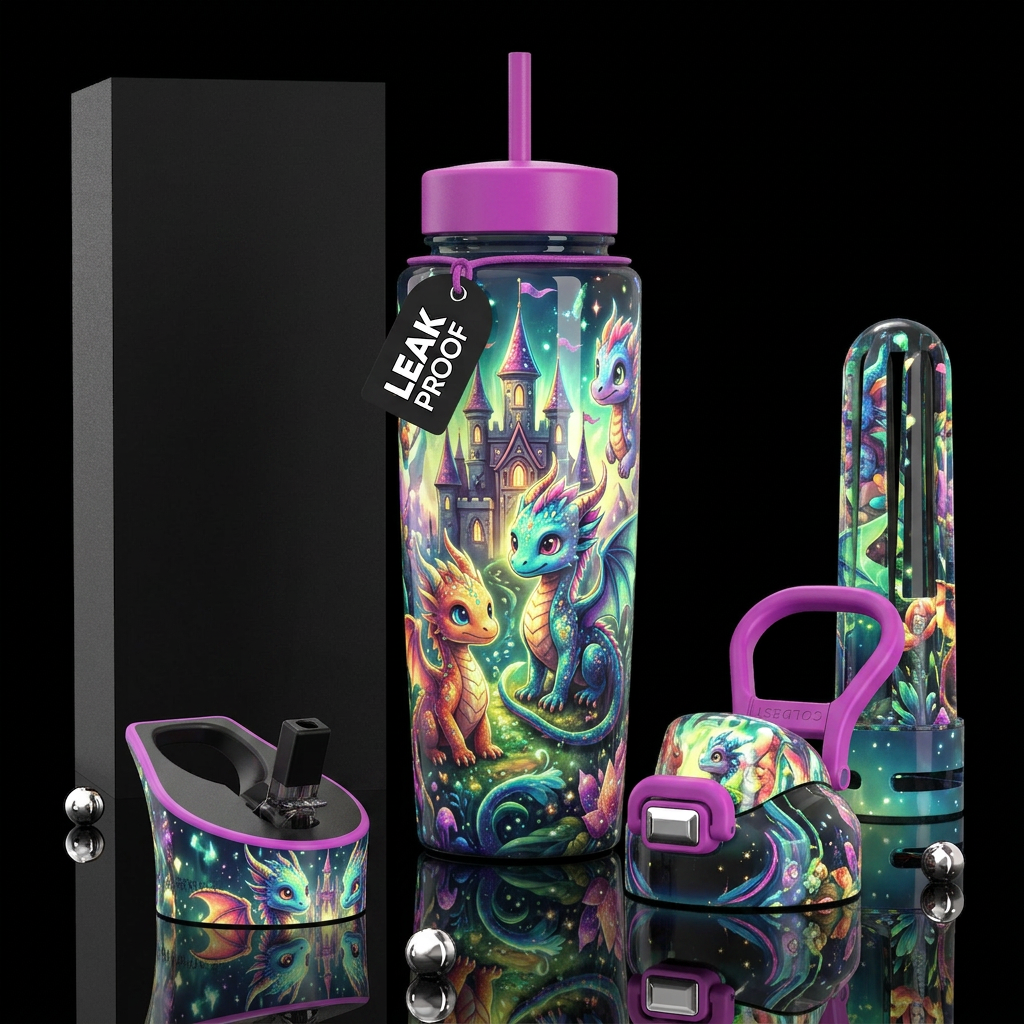 whimsical, enigmatic, glossy, trompe-l'œil,beautif... water bottle design