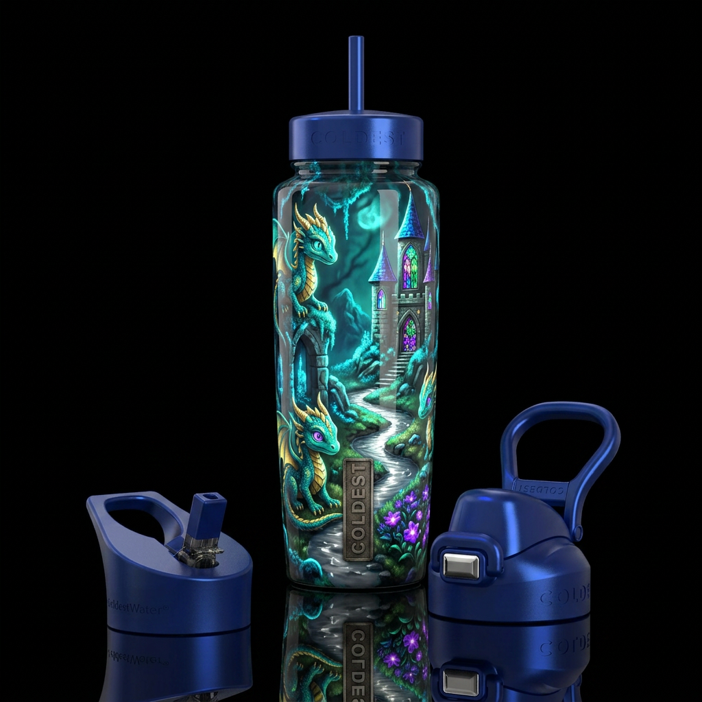 whimsical, enigmatic, glossy, trompe-l'œil,beautif... water bottle design
