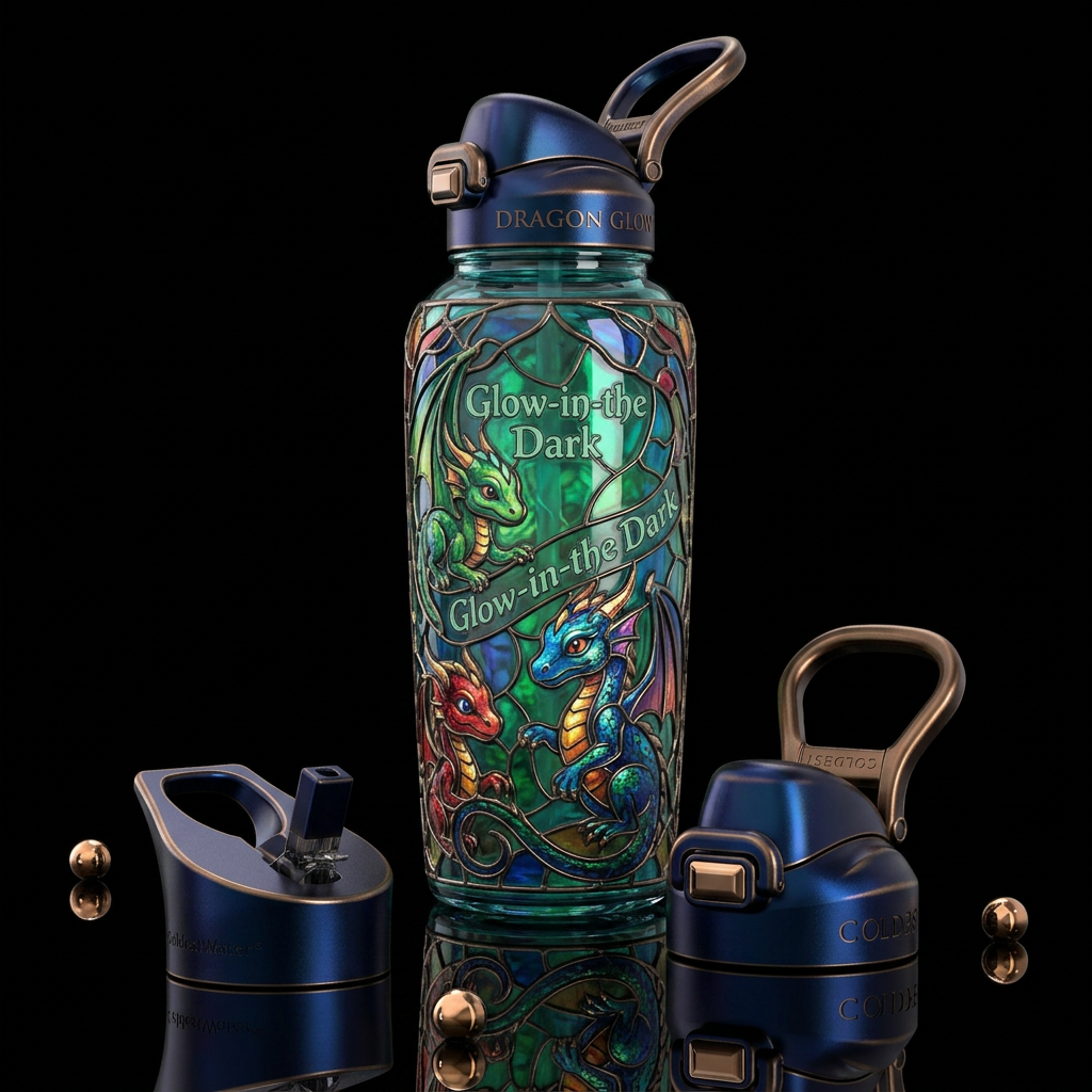 whimsical, enigmatic, glossy, trompe-l'œil,beautif... water bottle design