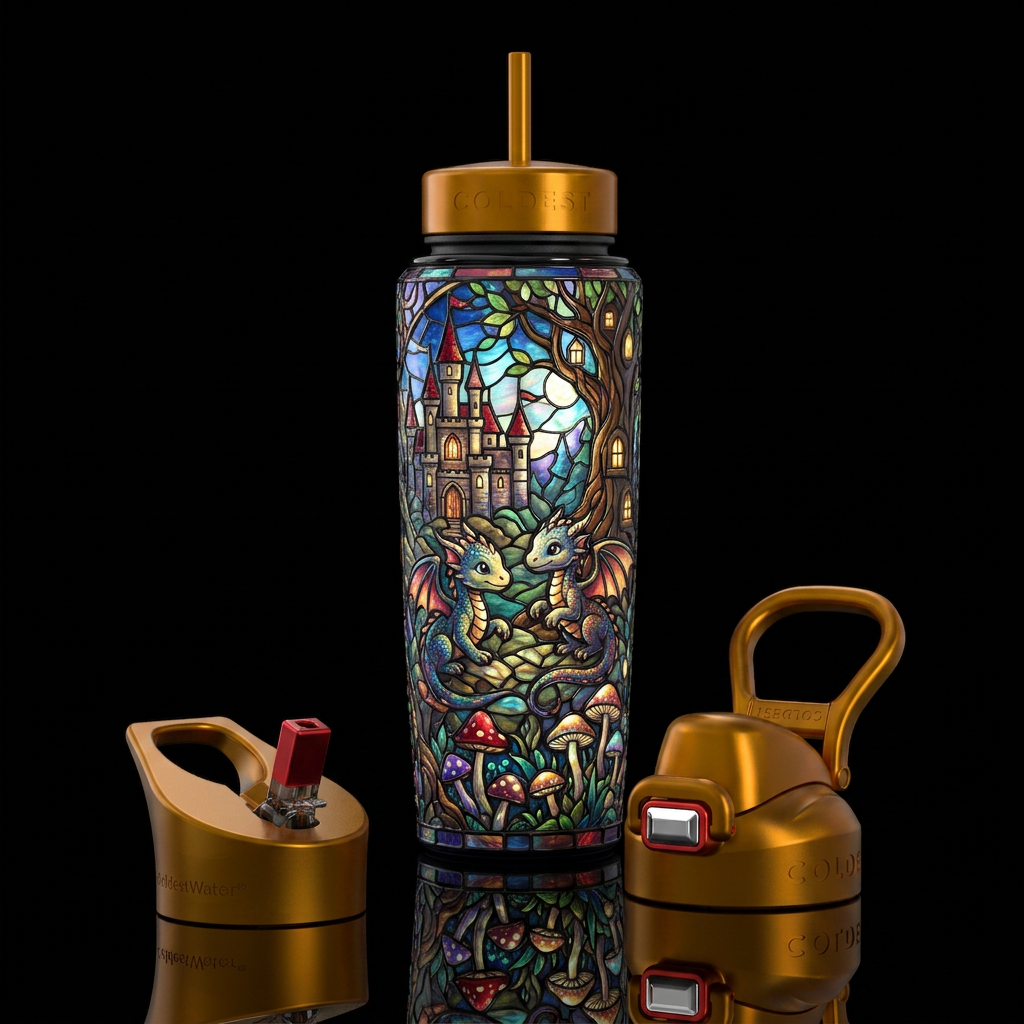 whimsical, enigmatic, glossy, trompe-l'œil,beautif... water bottle design