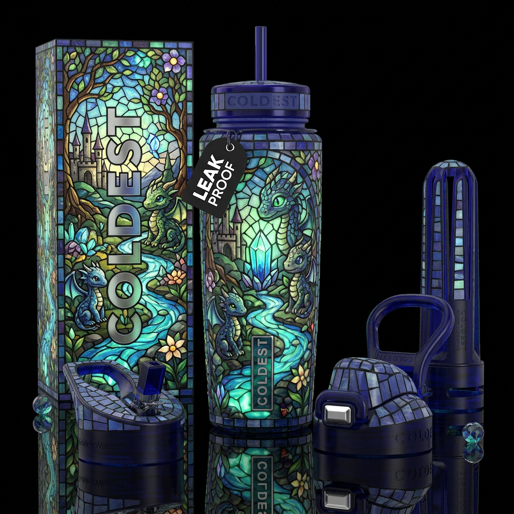 whimsical, enigmatic, glossy, trompe-l'œil,beautif... water bottle design