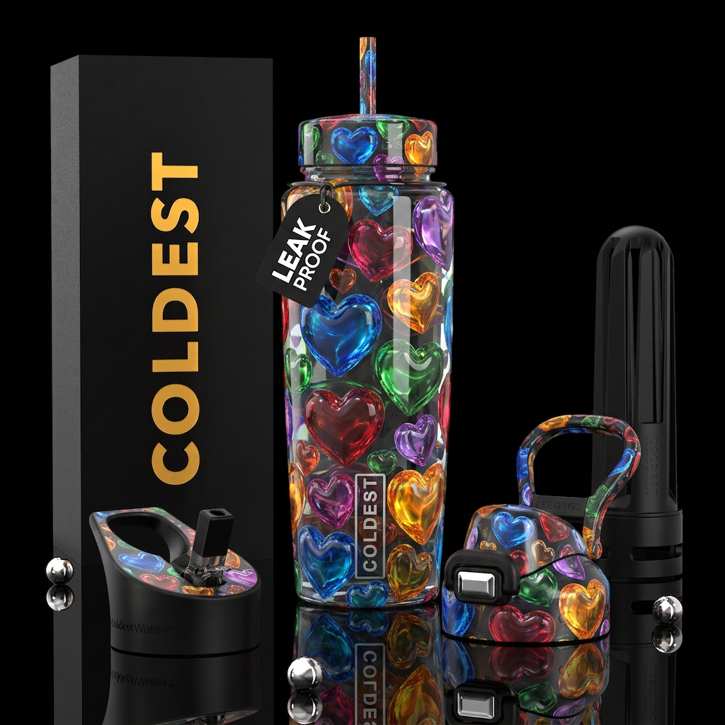 Water hearts, glossy, trompe-l'œil water bottle design