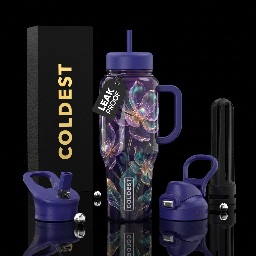 Ghost flowers, glossy, trompe-l'œil water bottle design