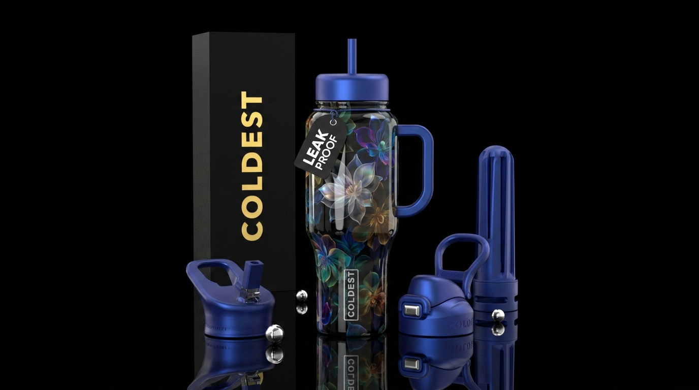 Ghost flowers, glossy, trompe-l'œil water bottle design