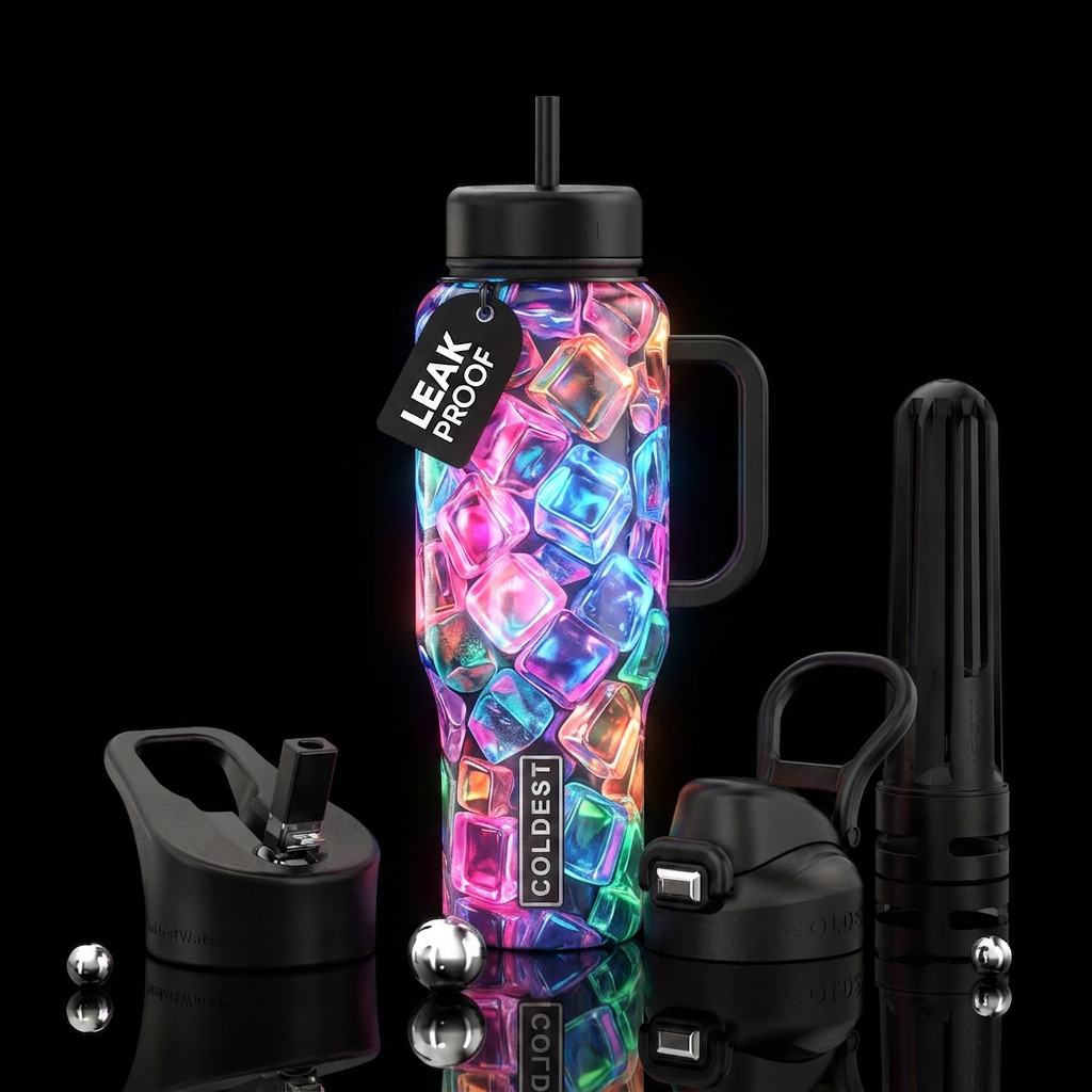 Neon ice cubes, glossy, trompe-l'œil, beautiferous... water bottle design
