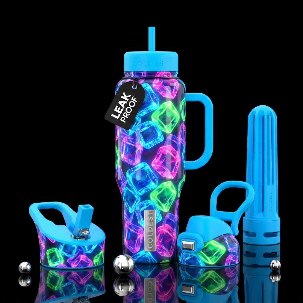 Neon ice cubes, glossy, trompe-l'œil, beautiferous... water bottle design